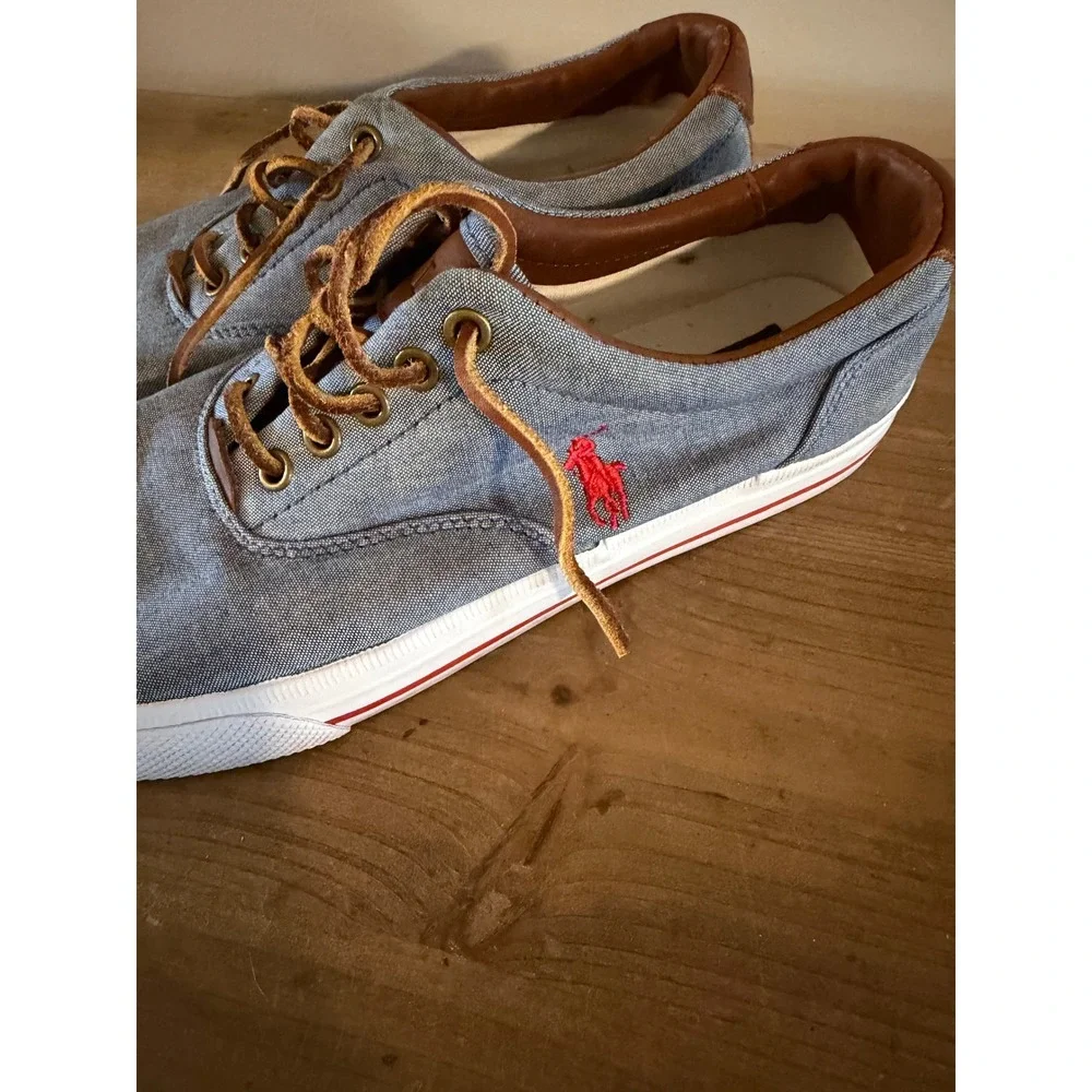 Polo Ralph Lauren Vaughn Blue Chambray Leather Sneakers Mens 9.5D Low Top‎ Shoes